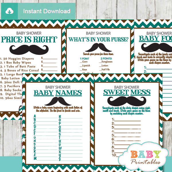 printable blue brown mustache baby shower games package