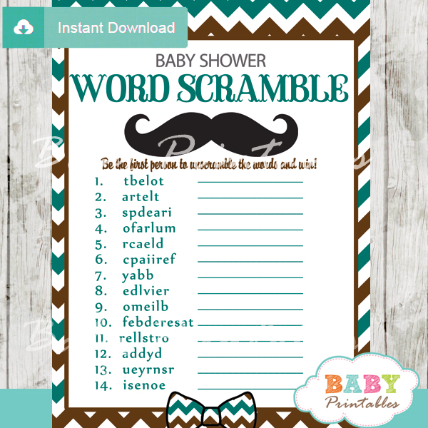 mustache printable word scramble baby shower games