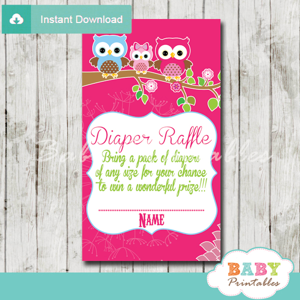 hot pink owl family printable diaper raffle tickets cards