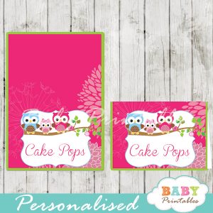 fushia owl family printable food label cards for baby shower