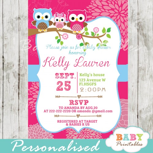 Hot Pink Owl Family Baby Shower Invitation Card - D120 - Baby Printables