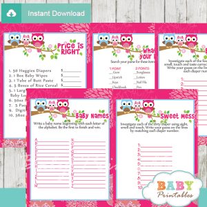 hot pink printable owl baby shower fun games ideas