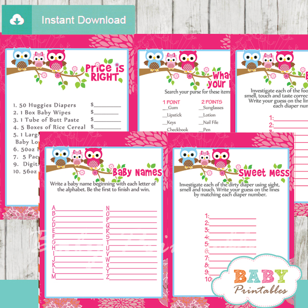 hot pink printable owl baby shower fun games ideas