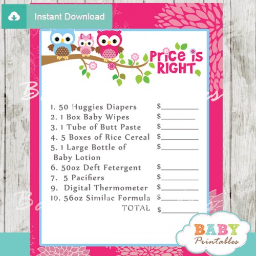 Hot Pink Owl Family Baby Shower Games - D120 - Baby Printables