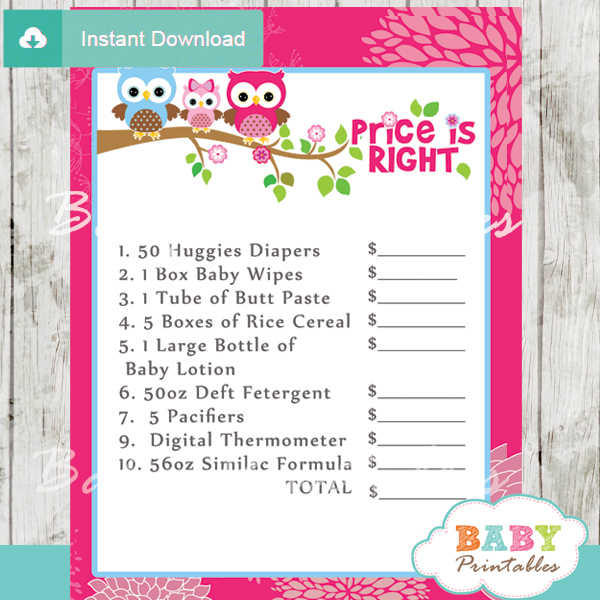 owl Price is Right Baby Shower Game printable pdf