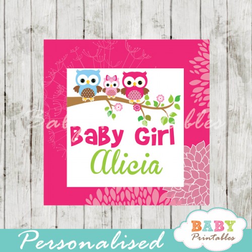 Hot Pink Owl Family Baby Shower Square Labels - D120 - Baby Printables