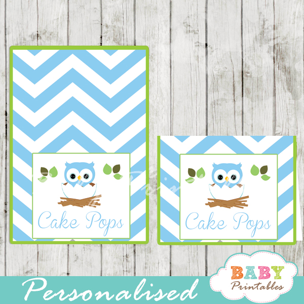 custom blue owl printable food labels for baby shower
