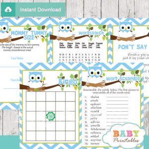 printable blue owl baby shower games package