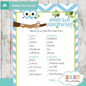 owl printable baby shower games what's in your purse