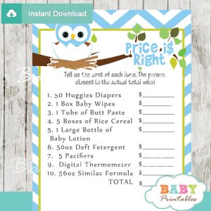 owl Price is Right Baby Shower Game printable pdf