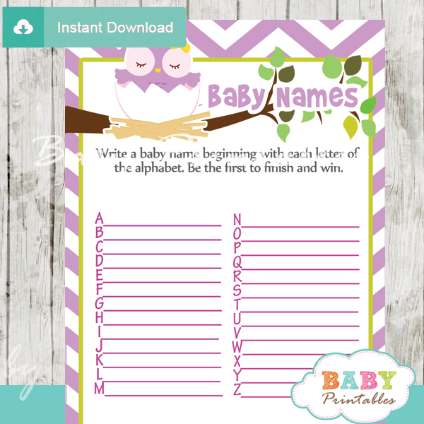 owl printable Baby Name Race Baby Shower Game