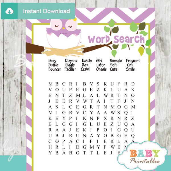 owl printable baby shower word search puzzles