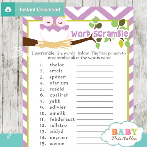 Purple Owl Baby Shower Games - D122 - Baby Printables