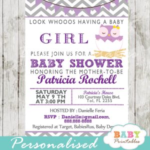 personalized lavender purple owl baby shower invitation printable