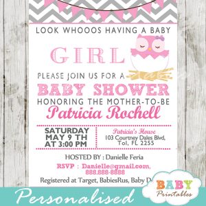 personalized pink grey owl baby shower invitation printable
