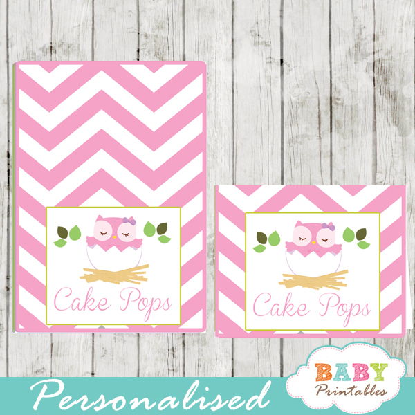 chevron pink owl printable food label cards for baby shower