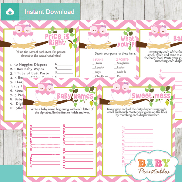 pink printable owl baby shower fun games ideas