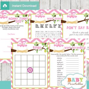 printable pink owl baby shower games package