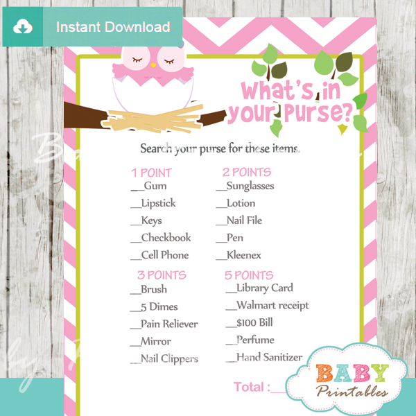 owl printable baby shower games what's in your purse