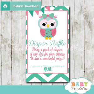 mint green and pink owl printable diaper raffle tickets cards