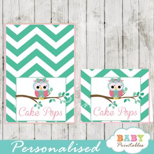 pink and mint green owl printable food label cards for baby shower