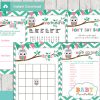 printable mint green pink owl baby shower games package