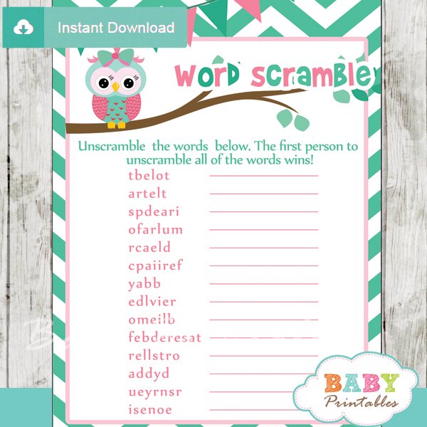 owl printable word scramble baby shower games