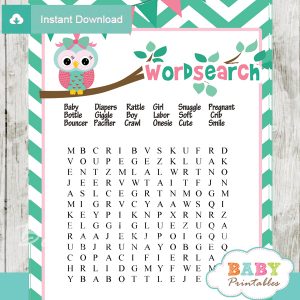 owl printable baby shower word search puzzles