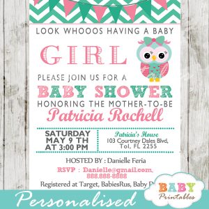 personalized baby girl mint green pink owl chalkboard baby shower invitation printable