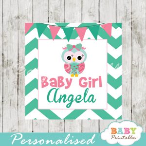 baby girl pink and mint green owl printable chalkboard baby shower gift labels