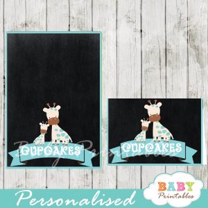 chalkboard blue giraffe printable food label cards for baby shower