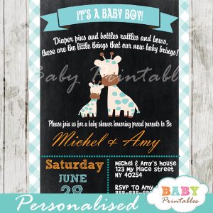 personalized baby boy blue giraffe chalkboard baby shower invitation printable
