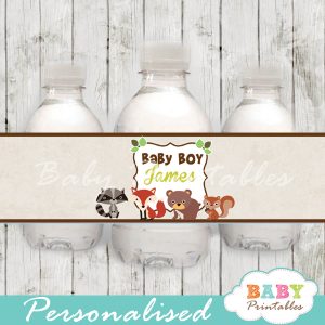 personalized woodland friends baby shower bottle wrappers