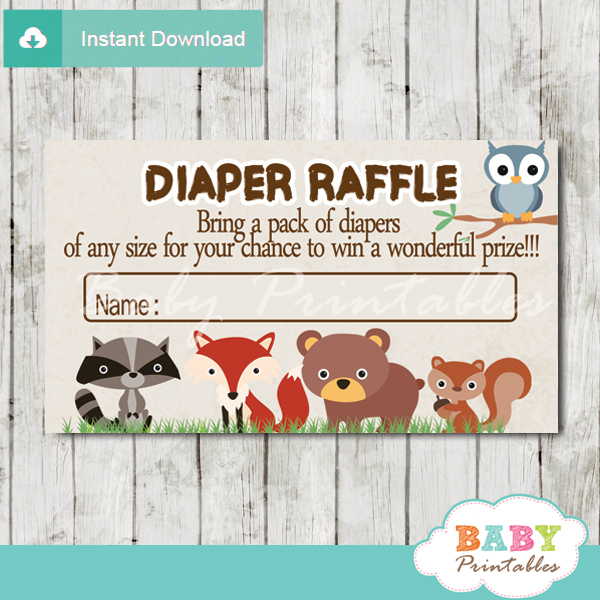 printable forest animals diaper raffle tickets baby shower