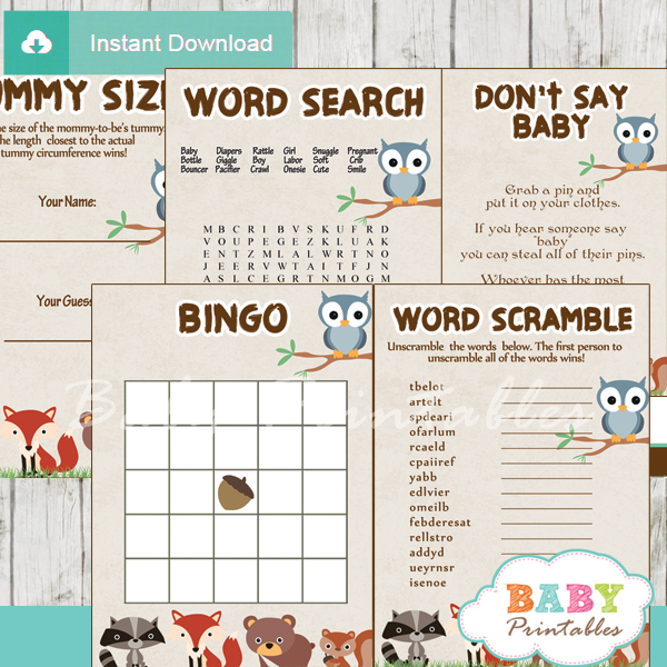 Woodland Baby Shower Games Bundle Woodland Baby (Instant Download