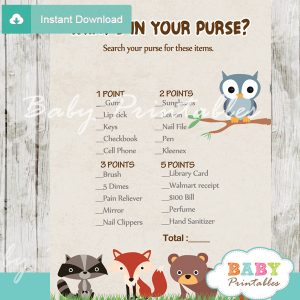 woodland themed printable baby shower games what's in your purse
