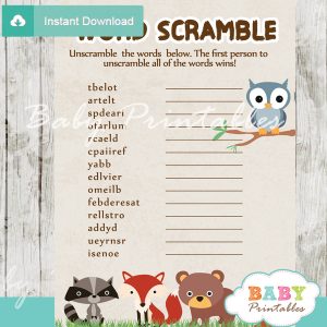 woodland printable word scramble baby shower games