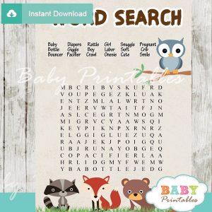 woodland themed printable baby shower word search puzzles