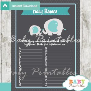 printable blue elephant Name Race Baby Shower Game