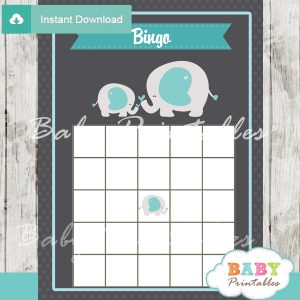 printable blue elephant boy baby shower bingo games cards