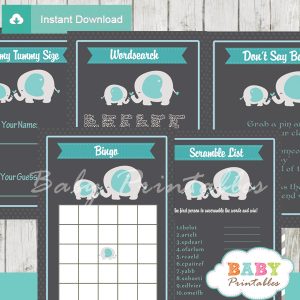 blue grey printable elephant boy baby shower games package
