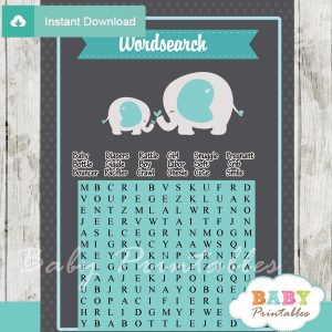 boy elephant themed printable baby shower word search puzzles