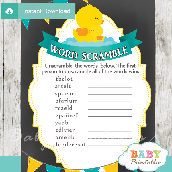 rubber duck printable word scramble baby shower games