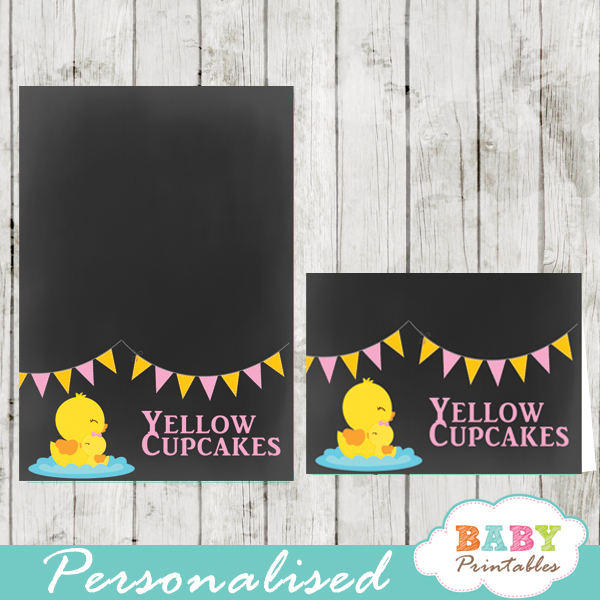 chalkboard yellow rubber duck printable food label cards for girl baby shower