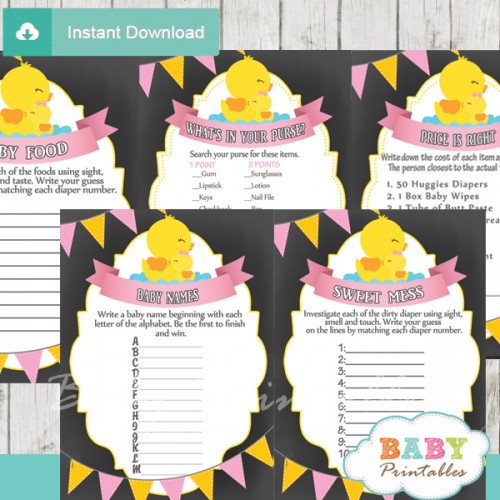 Chalkboard Rubber Ducky Baby Girl Shower Games - D141 - Baby Printables