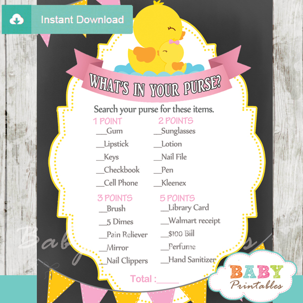 rubber duck printable baby shower games what's in your purse