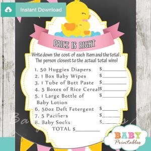 rubber duck Price is Right Baby Shower Game printable pdf