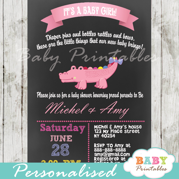 personalized chalkboard pink crocodile girl baby shower invitation printable