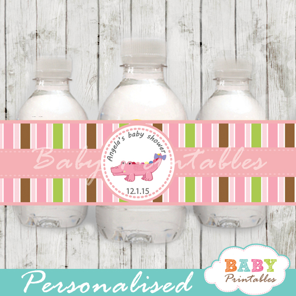 personalized pink crocodile baby shower bottle wrappers