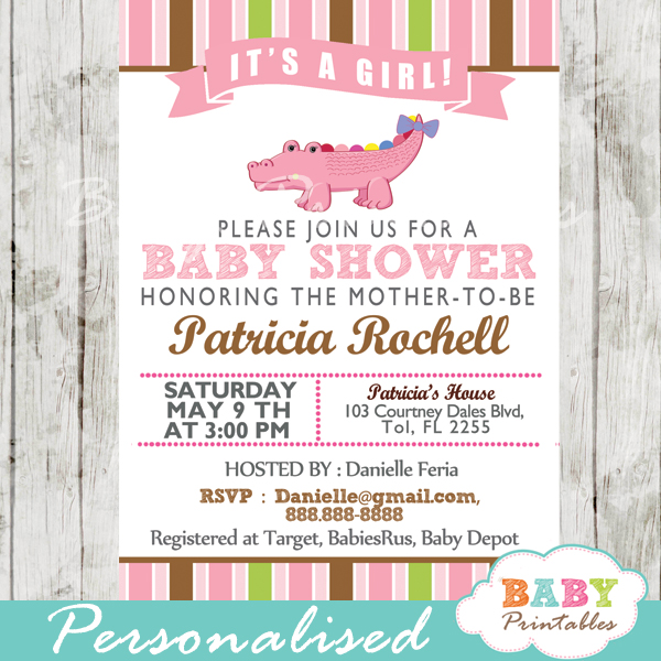 personalized gator pink crocodile girl baby shower invitation printable